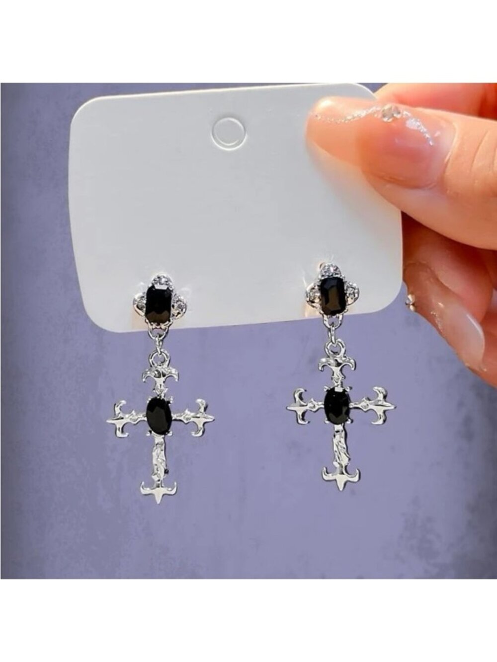 SILVER Cross Rhinestone Drop Earrings
